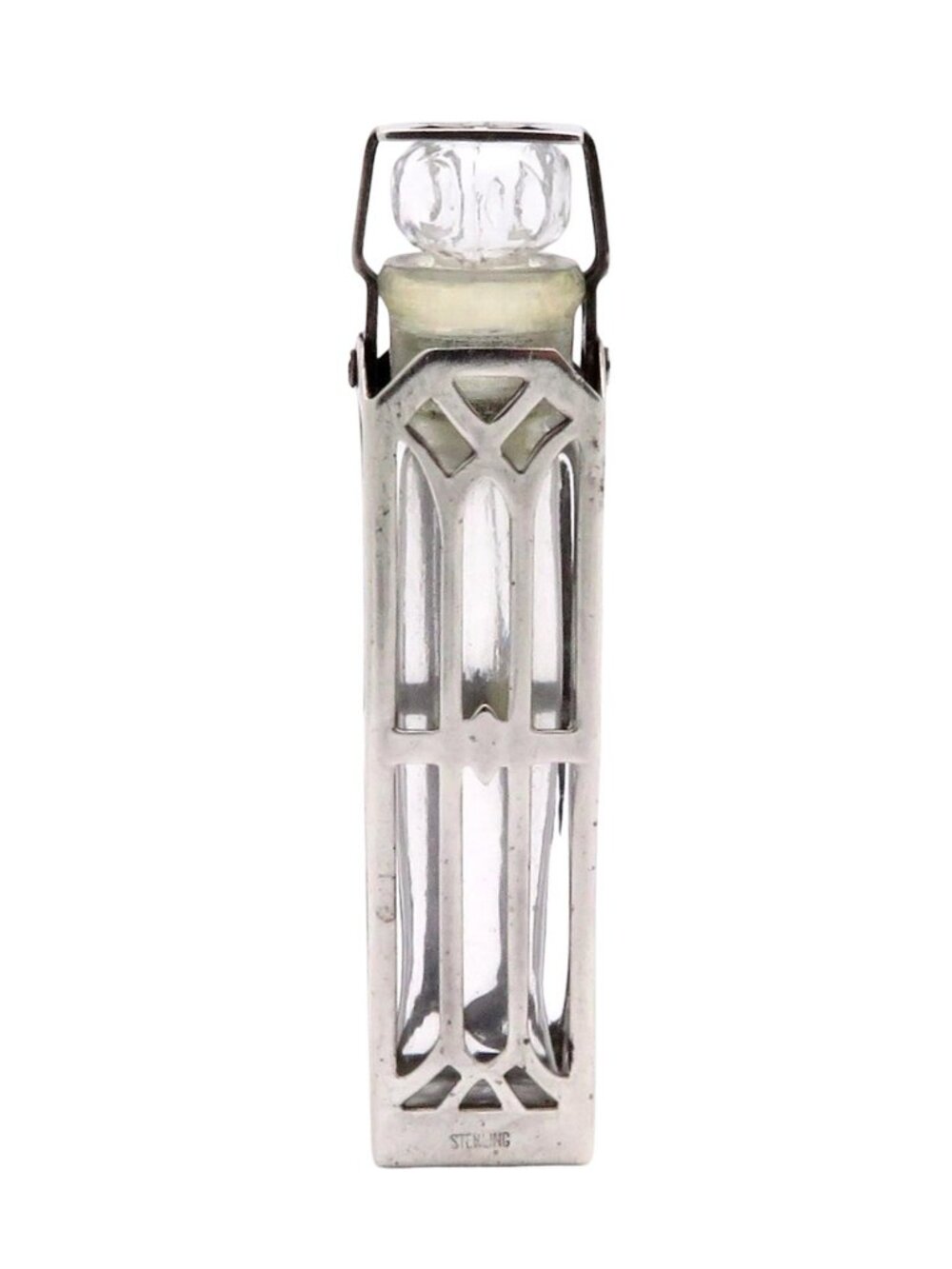Vintage Art Deco Wells Sterling Silver & Glass Pop Up Perfume Bottle w/Holder